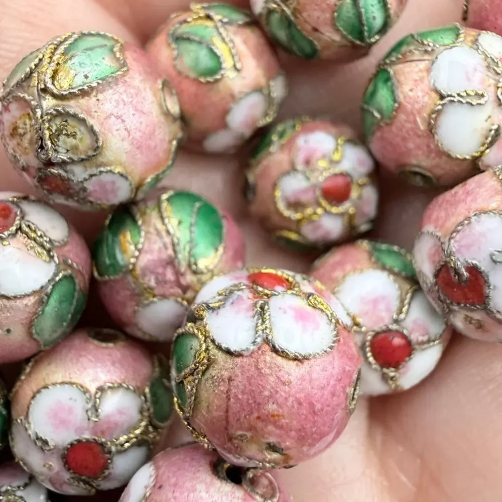 Lot of 7 Vintage Cloisonné Beads Green Pink Enamel Gold Tone Jewelry Making